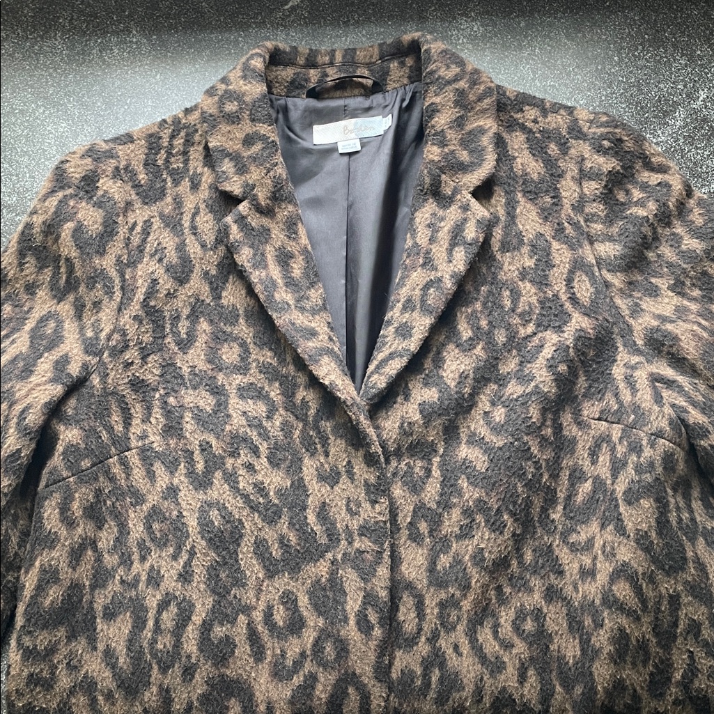 Boden Leopard Print Coat Wool Blend Size Women’s Us 12 Black Brown Tan